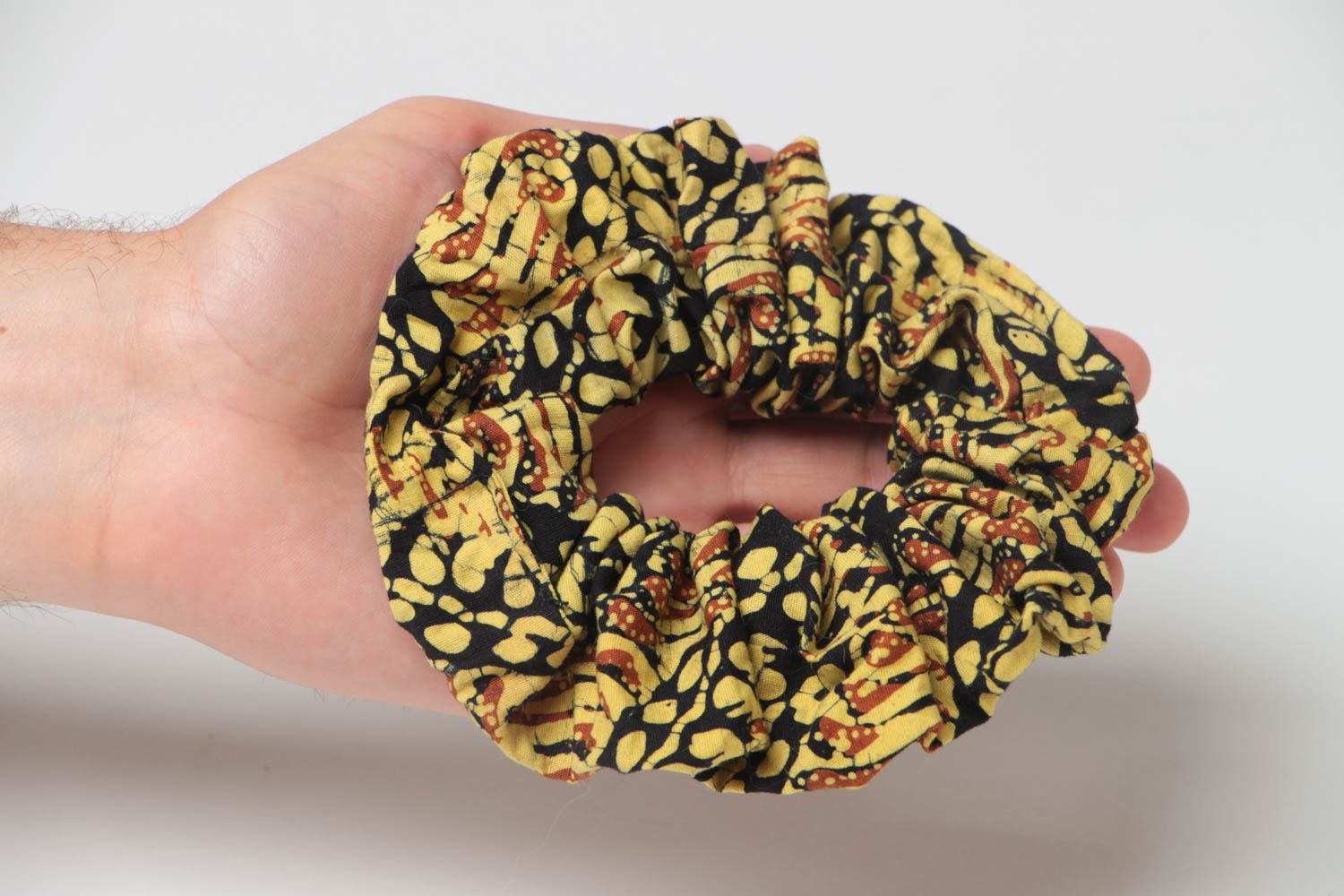 Handmade laconic decorative cotton fabric hair band in yellow and brown colors photo 5