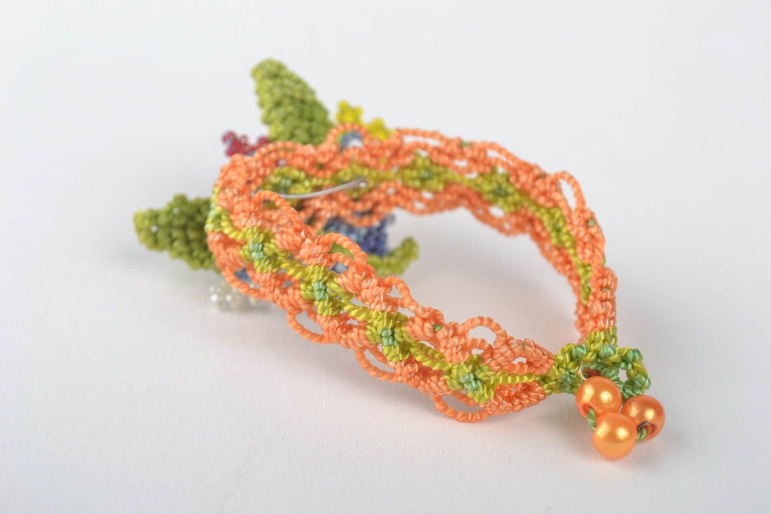 Beautiful handmade woven lace bracelet flower brooch jewelry textile jewelry set photo 2