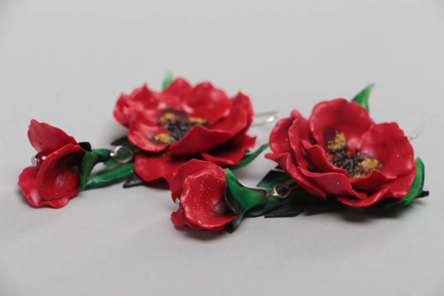 Earrings made of polymer clay in the form of red poppies long handmade jewelry photo 3