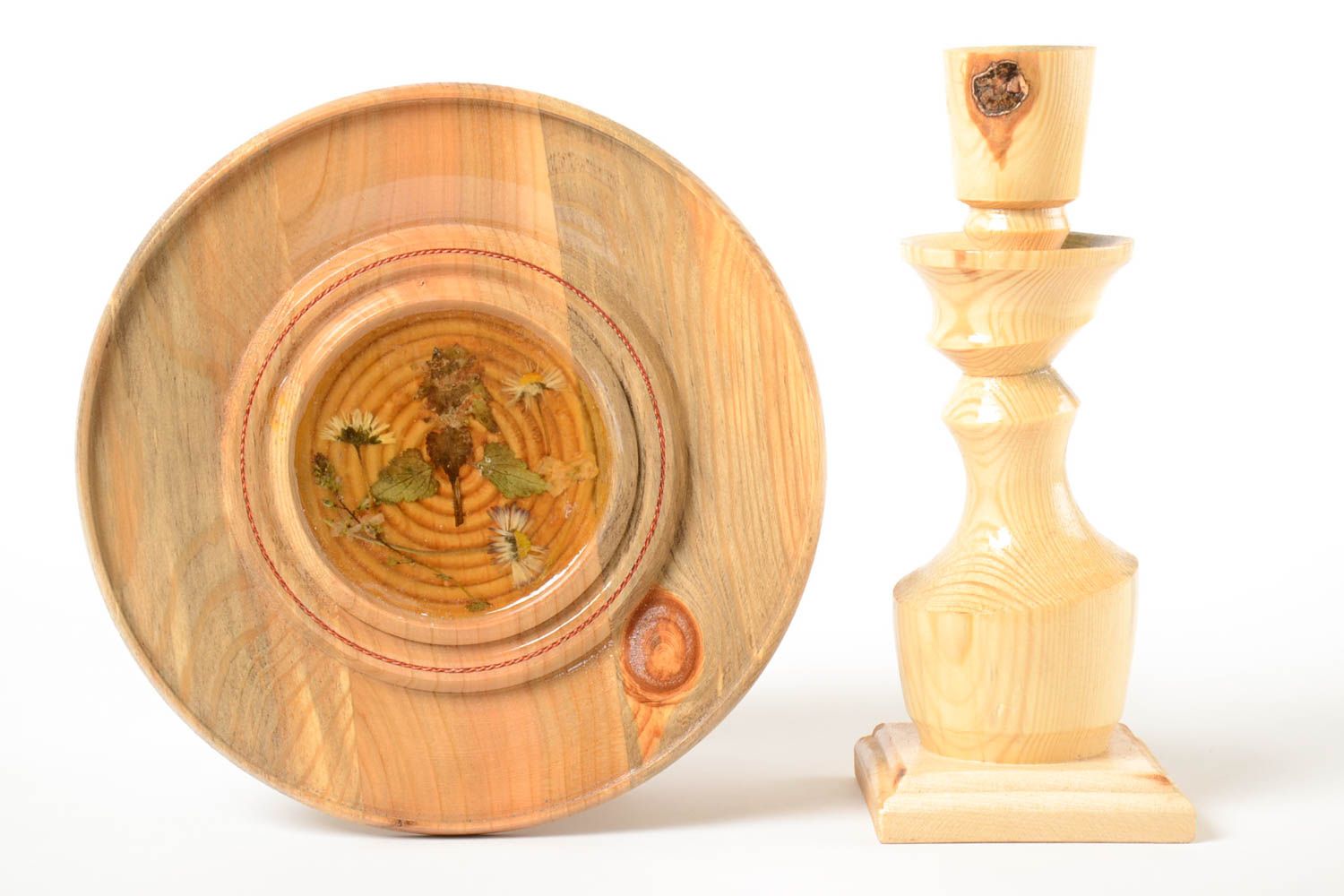 Handmade plate wooden candlestick set of 2 items decorative dishes unusual plate photo 2