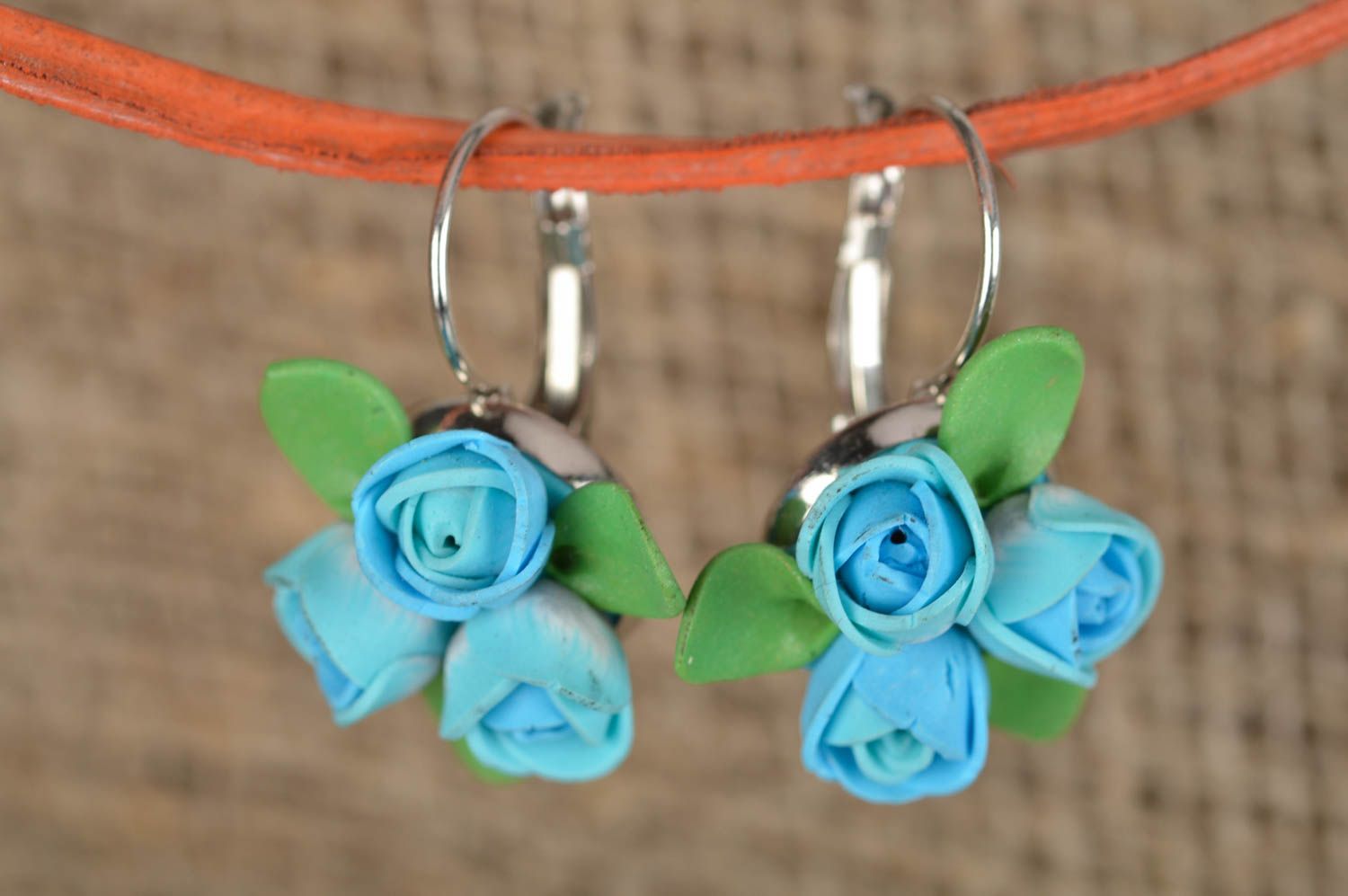 Handmade blue flower stylish earrings made of polymer clay with clasps  photo 1