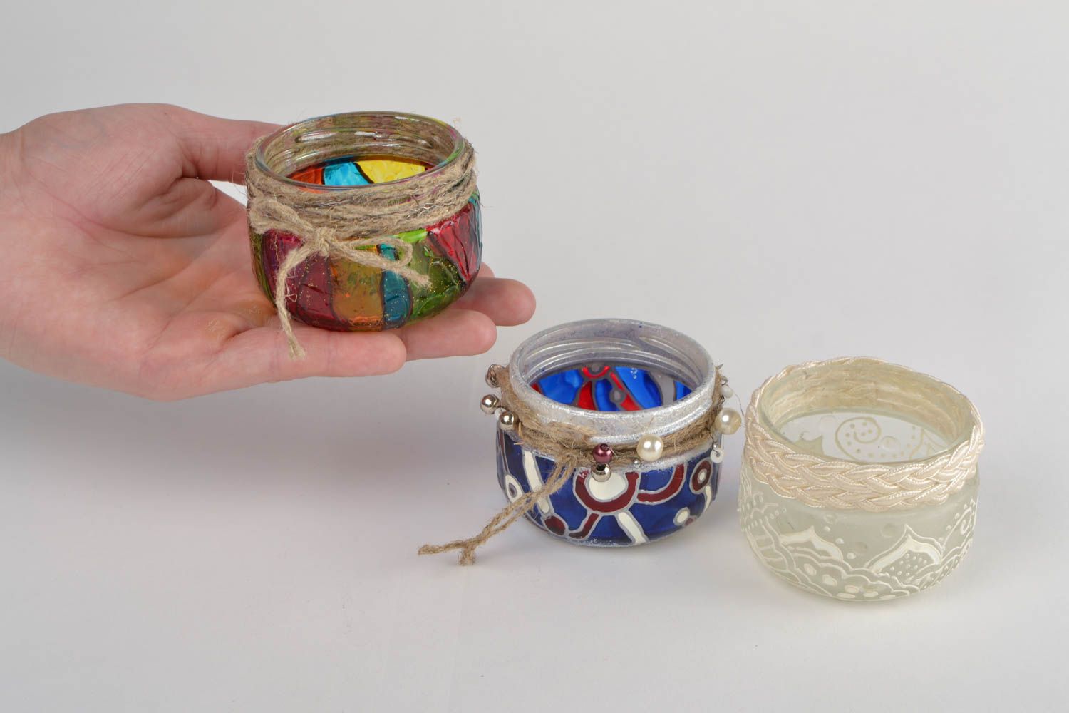 Buntes handmade Kerzenhalter Set aus Glas bemalt mit Vitrage Farben 3 Stück foto 4
