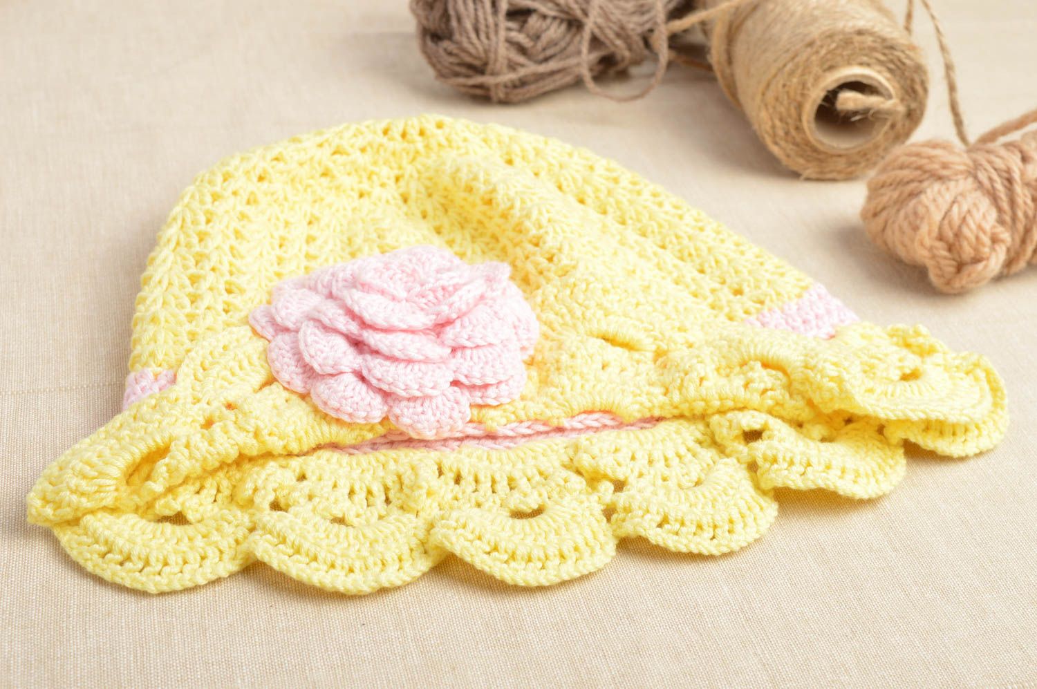 Handmade yellow crocheted cap stylish cotton accessory unusual cap for girls photo 1