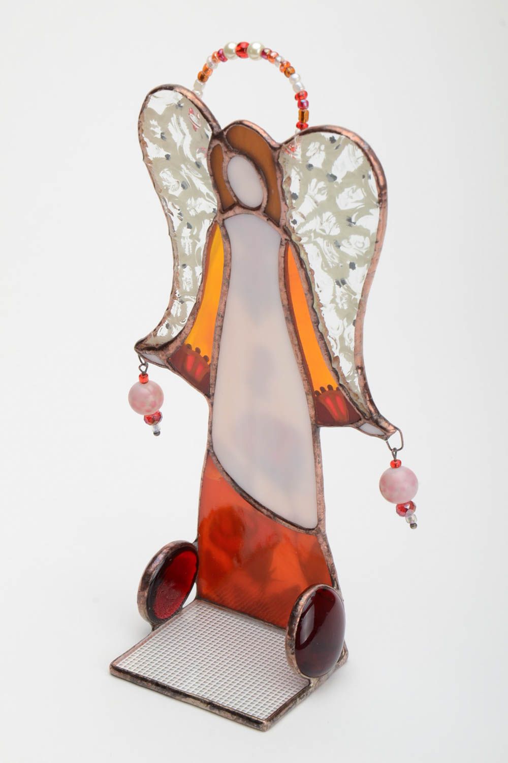 Grand bougeoir en verre figurine ange multicolore fait main technique vitrail photo 3