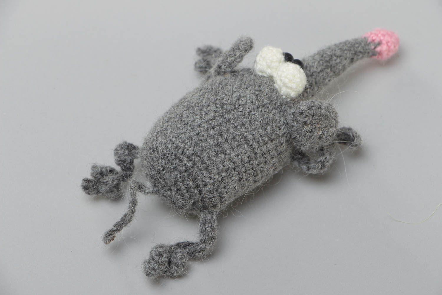 Handmade soft toy crocheted of acrylic threads funny gray mouse with long nose photo 4