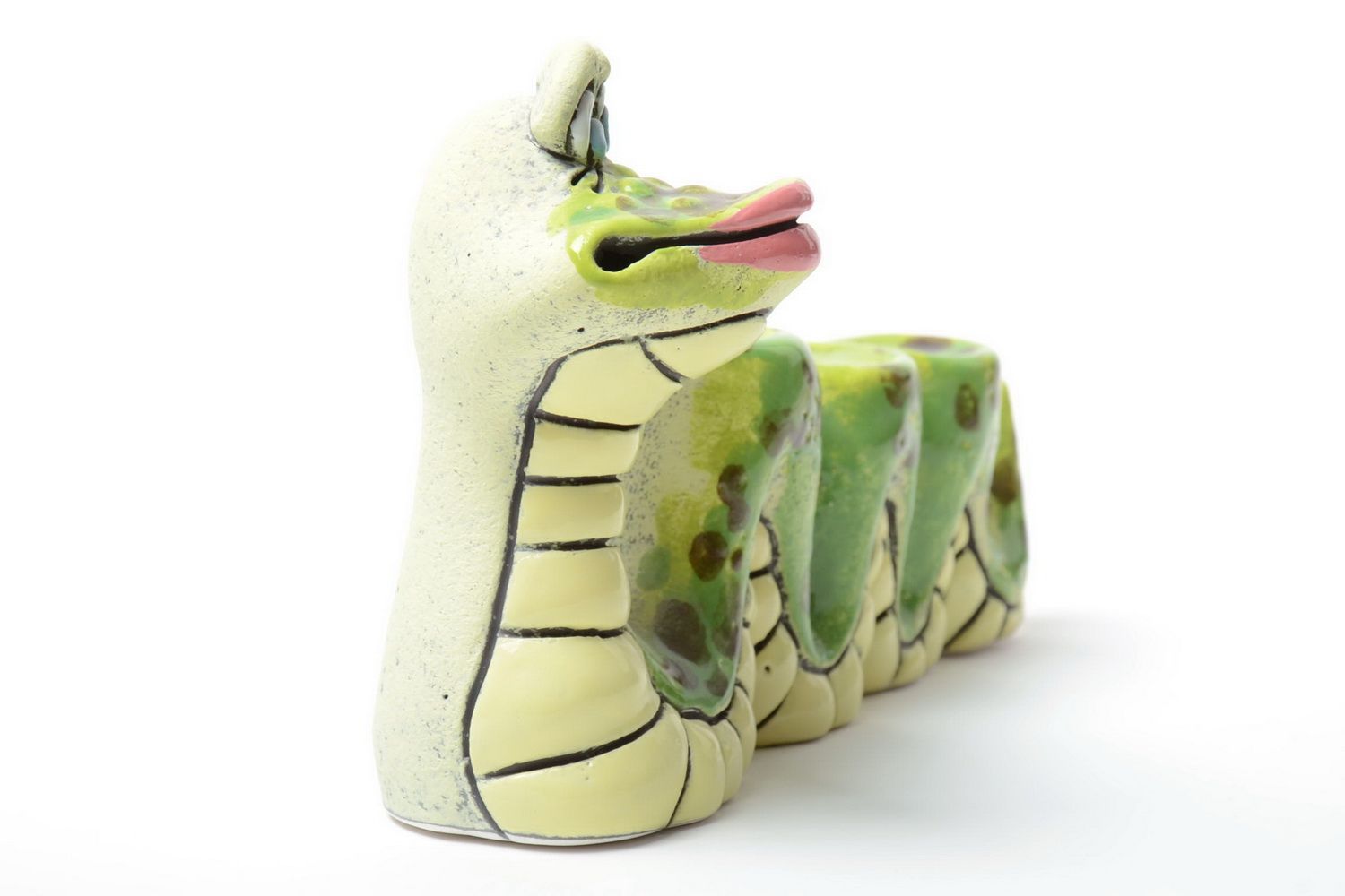 Зеленый подсвечник ручной работы из глины в виде змеи оригинальный красивый фото 5
