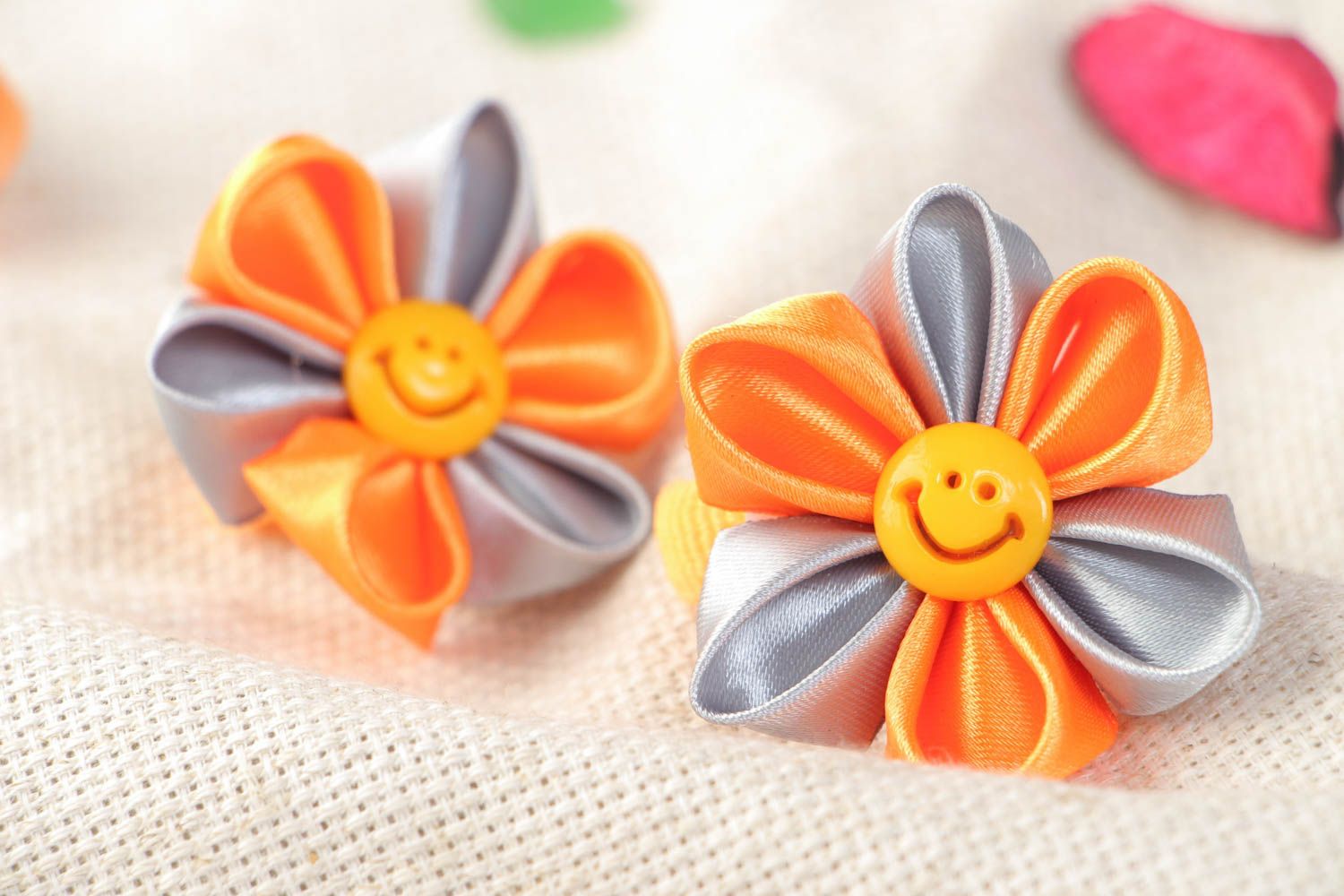 Handmade decorative hair ties with orange kanzashi flowers set of 2 items photo 1