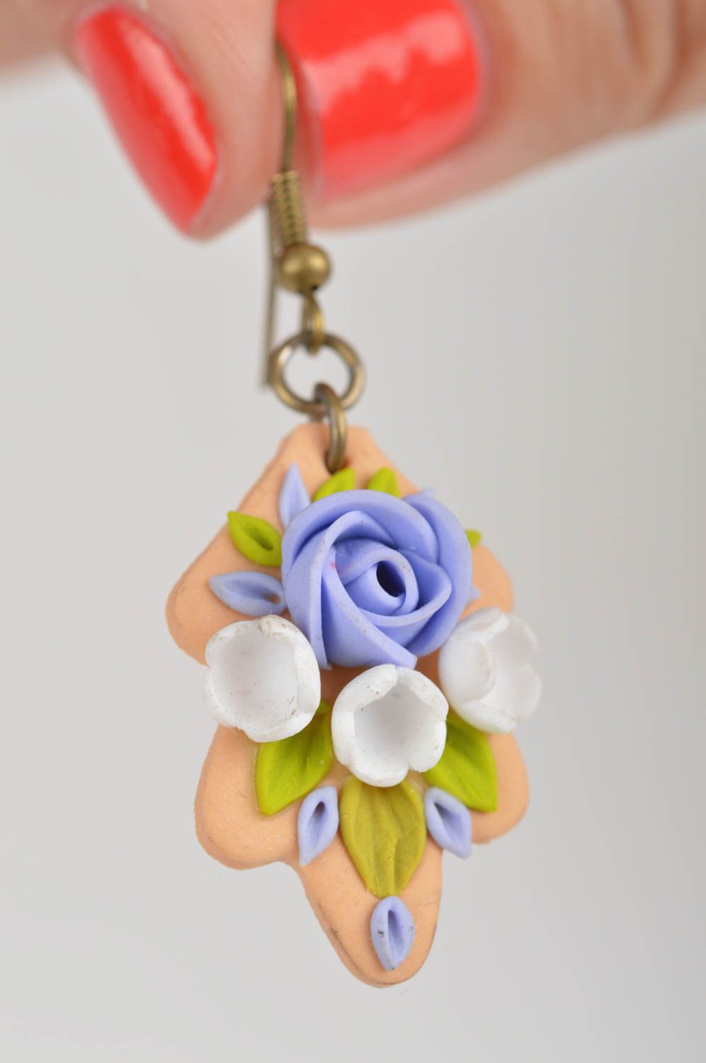 Polymer clay handmade beautiful earrings with flower charms long accessory photo 3