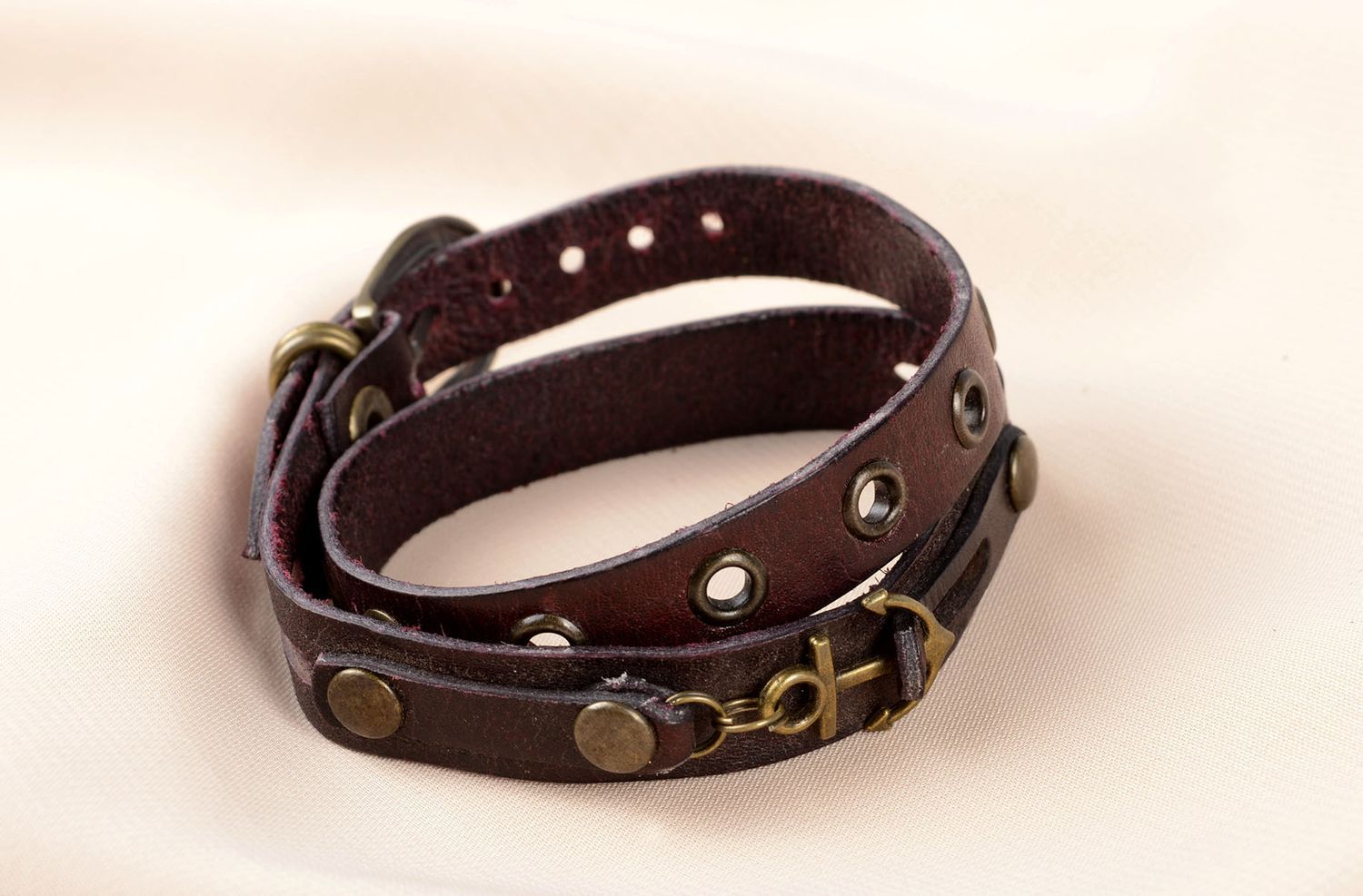 Bracelet 2 tours Bijou fait main vrai cuir bordeaux avec ancre Cadeau original photo 5