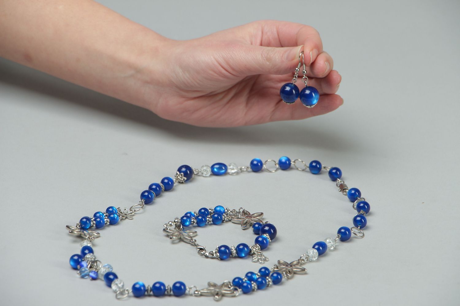 Handmade plastic bead jewelry set Blue Night photo 4