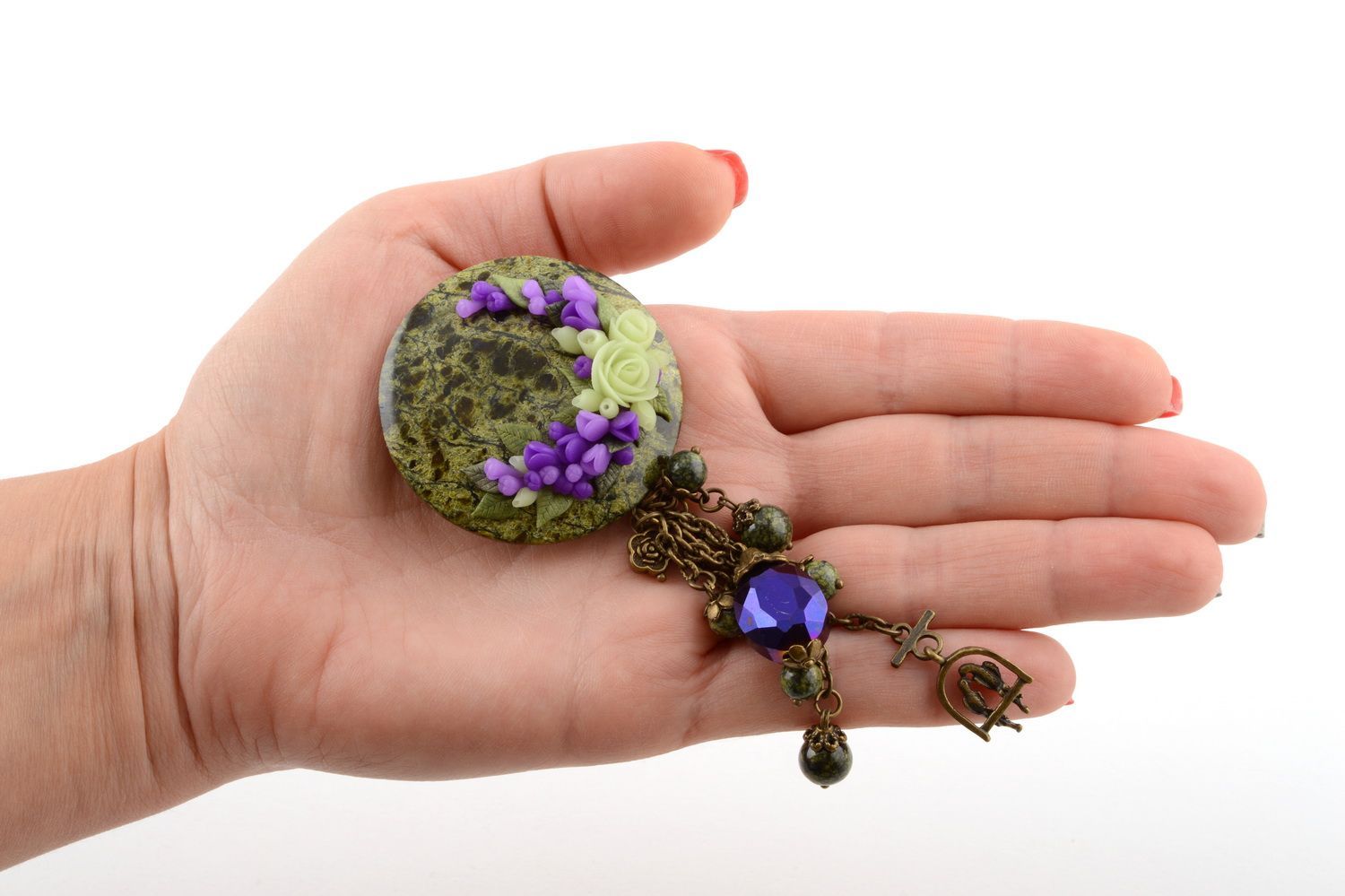 Round stylish handmade beautiful brooch with charm and natural stone Jade photo 4