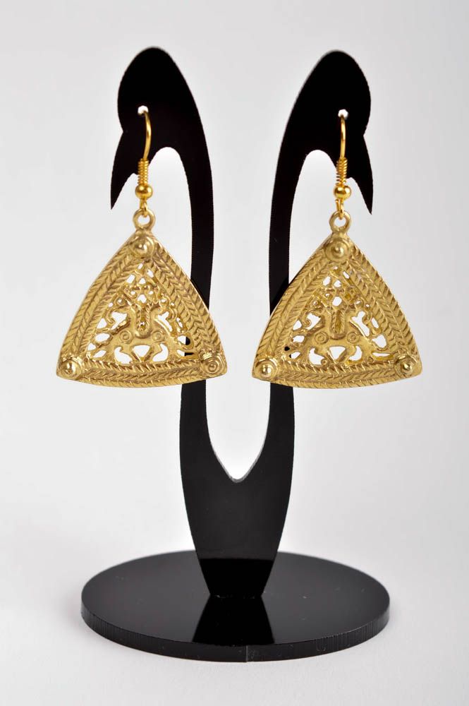 Handmade lange Ohrhänger Metall Schmuck Ohrringe für Damen aus Messing Dreieck foto 2