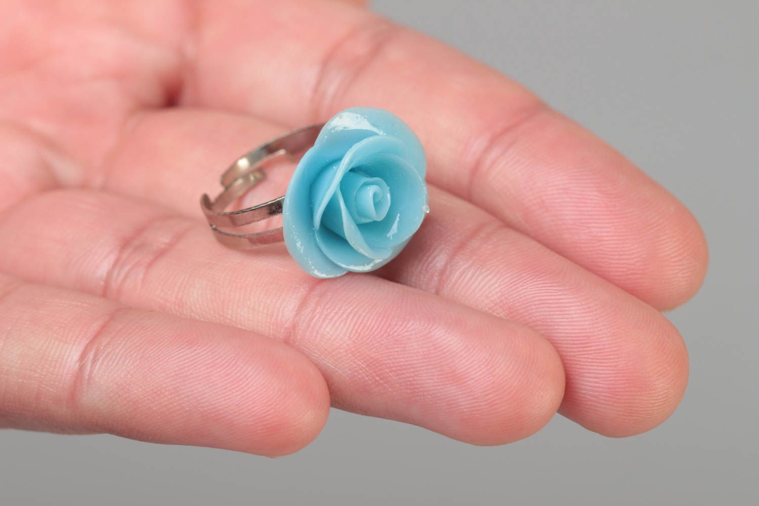 Handmade jewelry ring with metal basis and small polymer clay blue flower photo 5