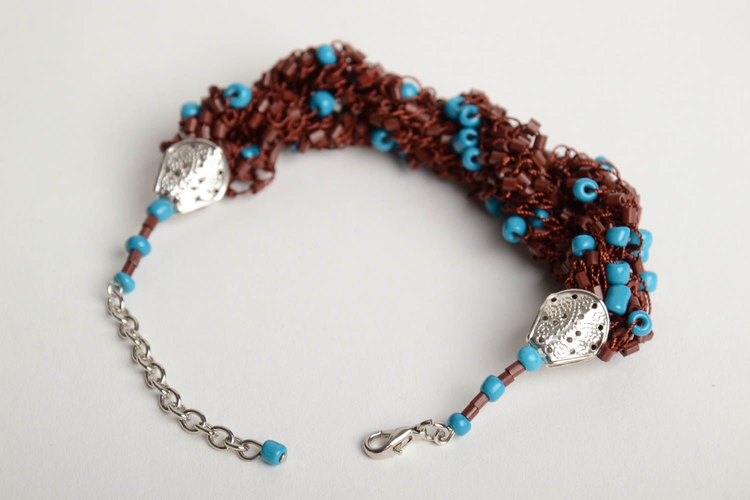 Handmade designer crocheted wrist bracelet with brown and blue Czech beads photo 4