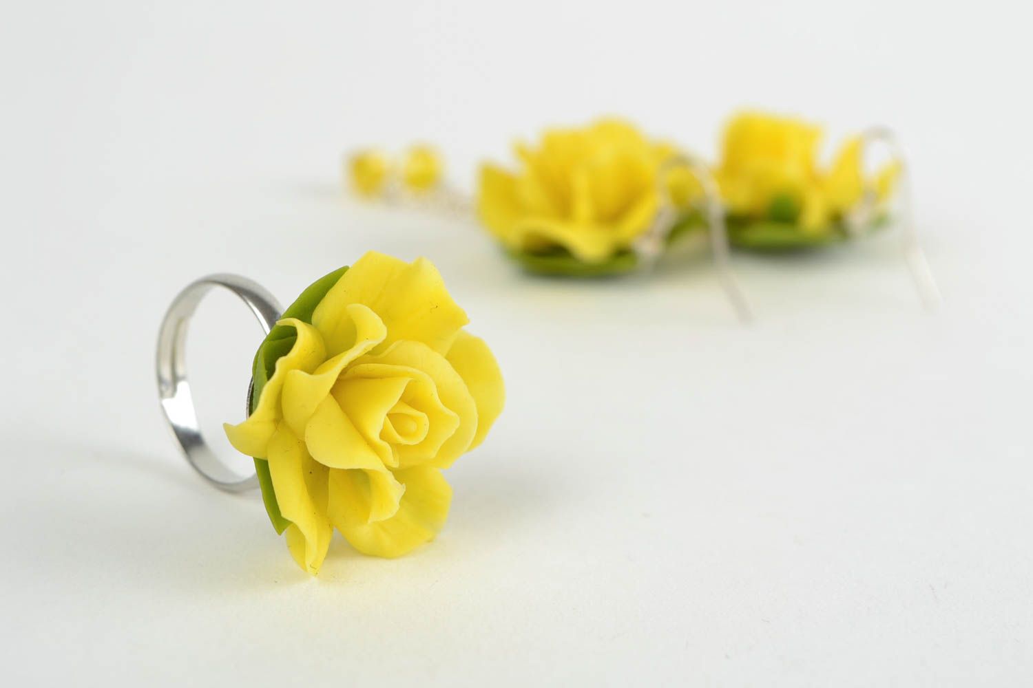Set of handmade jewelry molded of cold porcelain earrings and ring Yellow Roses photo 4