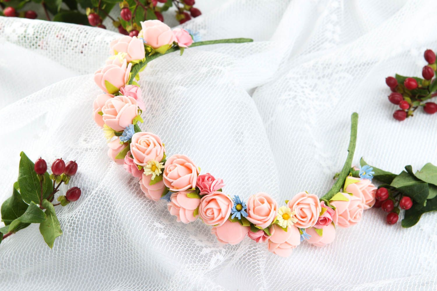 Serre-tête fleurs fait main Accessoire cheveux rose délicat Cadeau pour femme photo 1