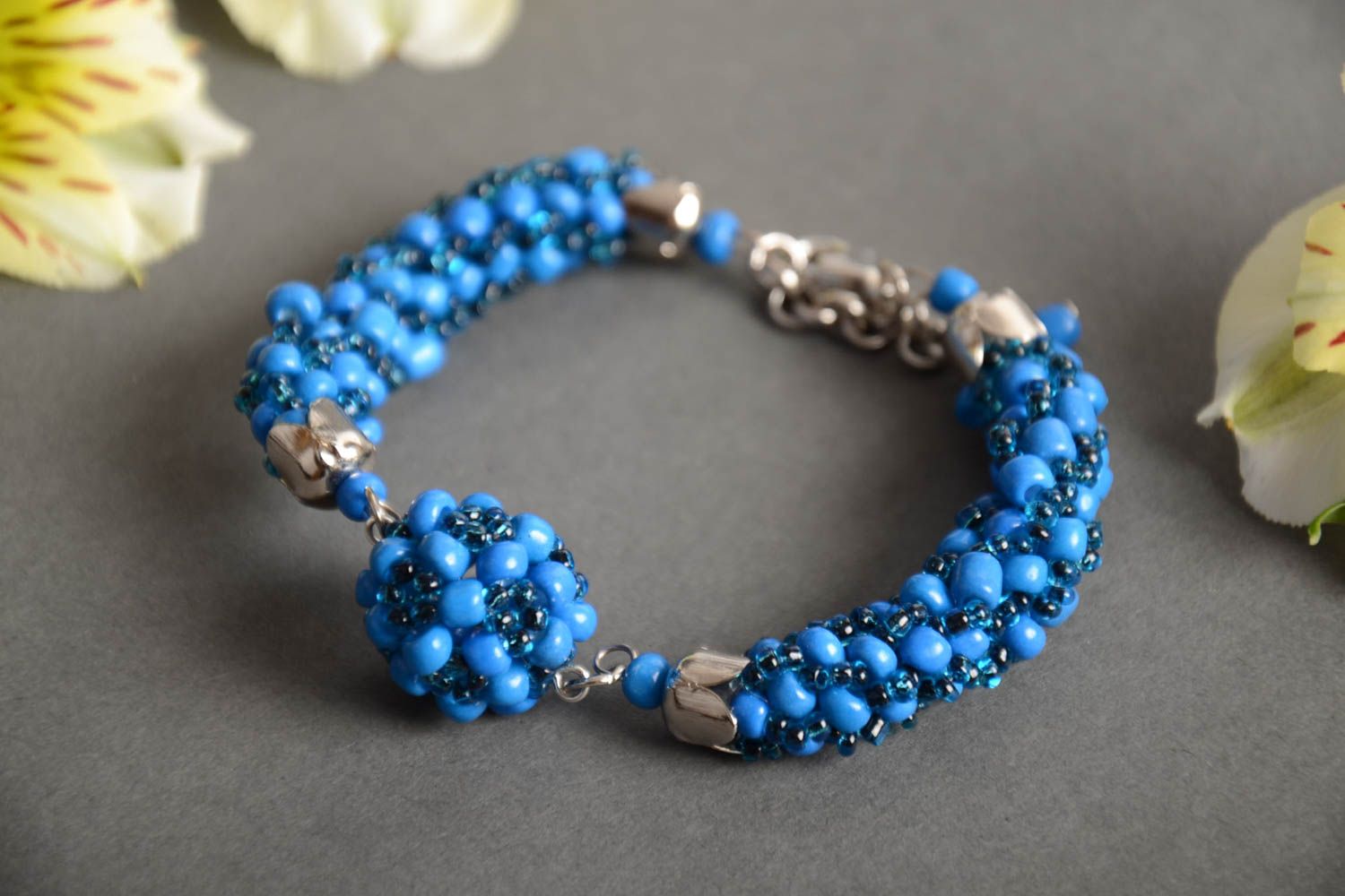 Designer handmade women's wrist laconic bracelet woven of blue Czech beads photo 1