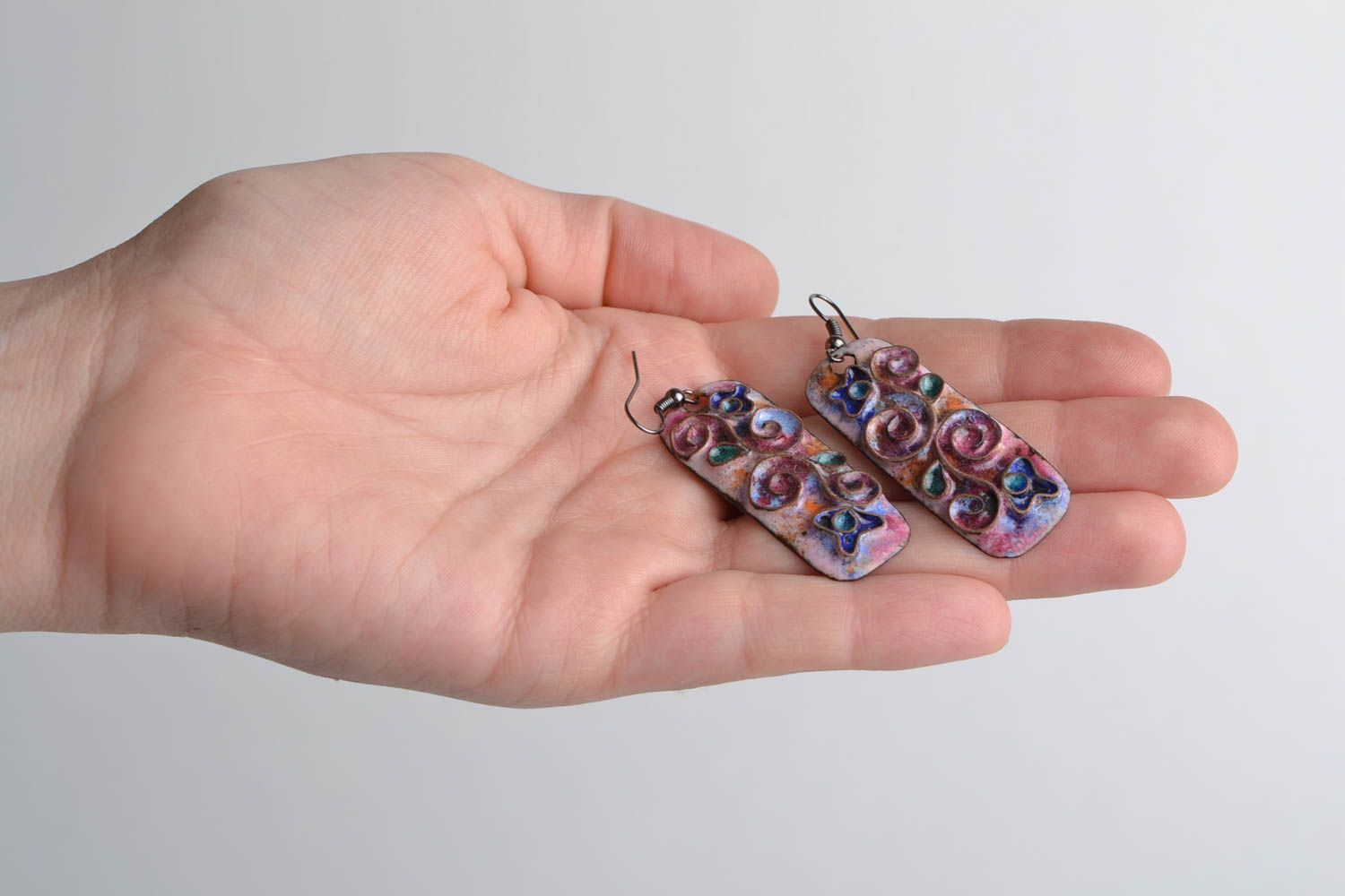 Handmade long rectangular enameled copper earrings in violet color palette photo 2