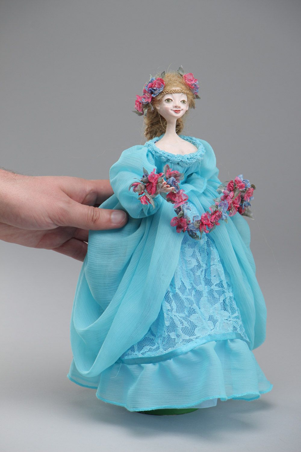 Handmade collectible paperclay interior doll in blue dress photo 5