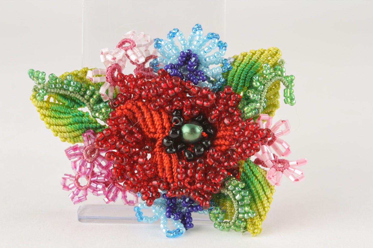 Threaded brooch with beads Red Poppy photo 2