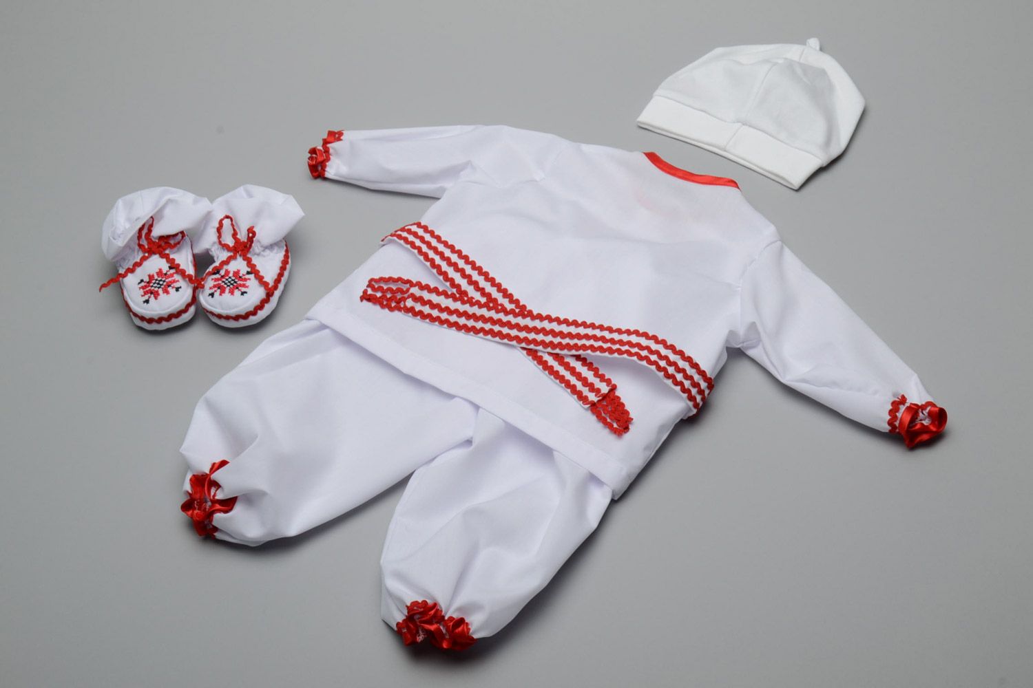 Set of handmade ethnic clothes for baby boy embroidered shirt pants hat shoes belt photo 3