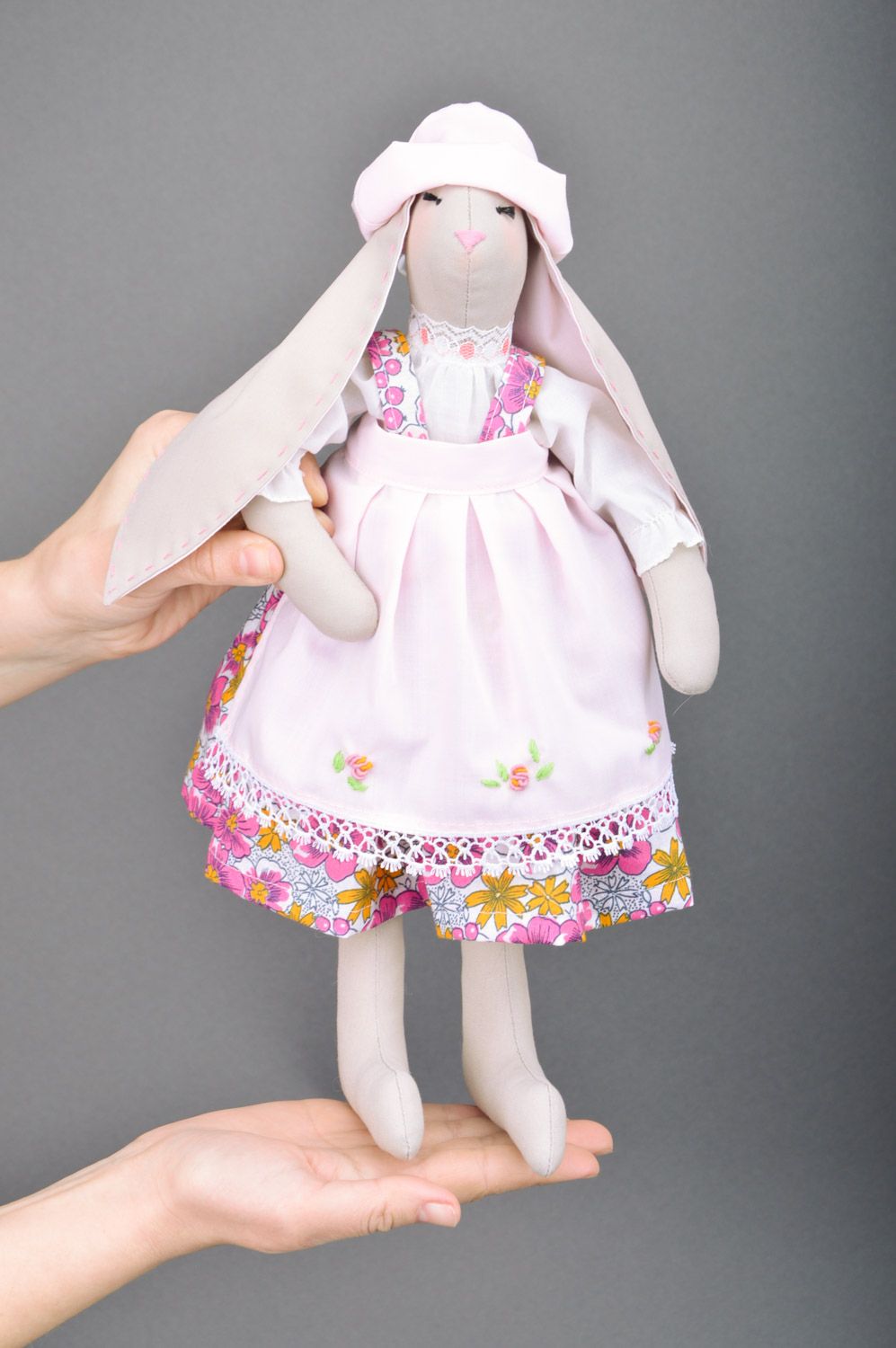 Handmade interior soft toy sewn of cotton and linen fabrics long-eared rabbit photo 3