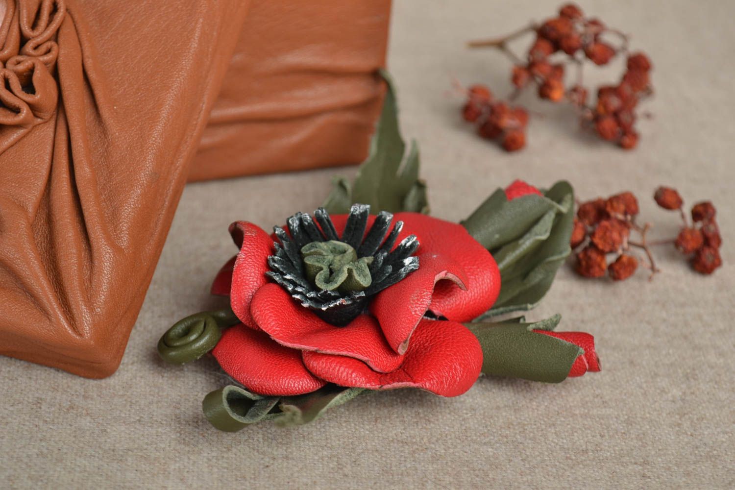 Leather poppy brooch handmade leather unique accessory present for woman  photo 1