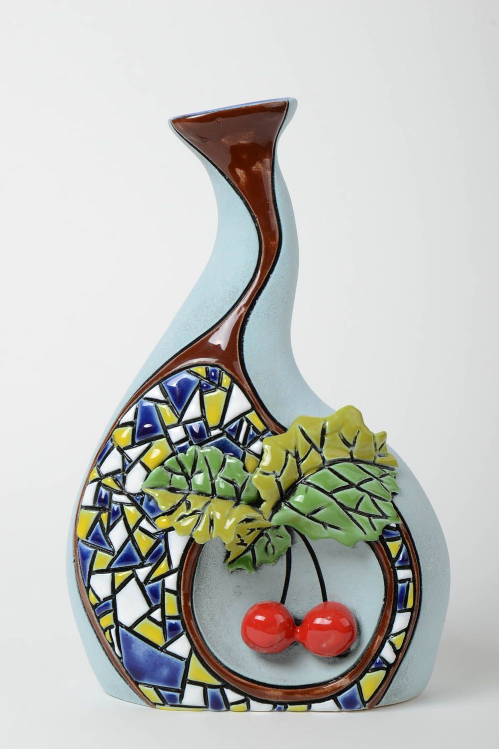 Vase céramique peint de pigments colorés fait main design avec cerises 1 l photo 2