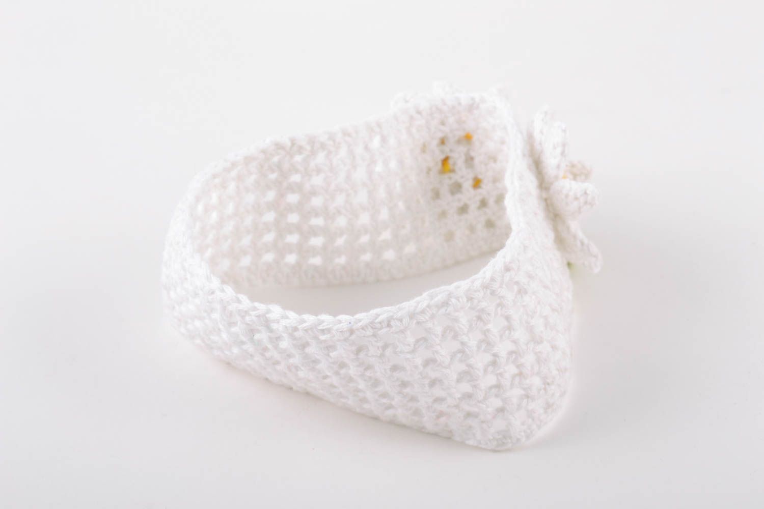 Handmade lacy white headband crocheted of cotton threads with chamomile for baby photo 4