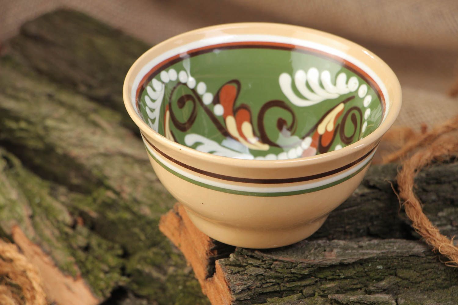 Handmade decorative ceramic bowl painted in green and brown colors 250 ml photo 1