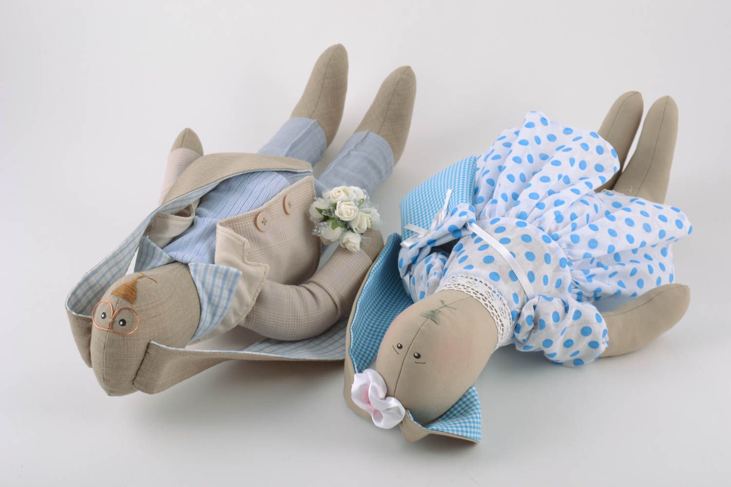 Set of handmade toys fabric Bunnies in love 2 pieces beautiful home decor photo 4