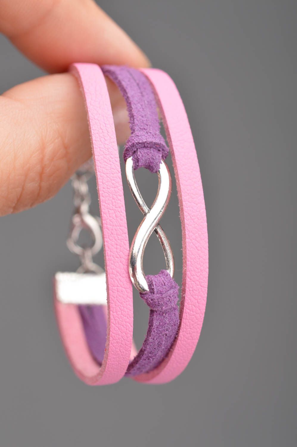 Handmade kid's pink and violet genuine leather wrist bracelet with infinity sign photo 2