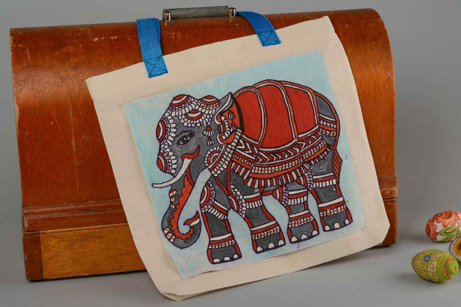 Sac à main en coton naturel Sac fait main avec éléphant peint Cadeau femme photo 1