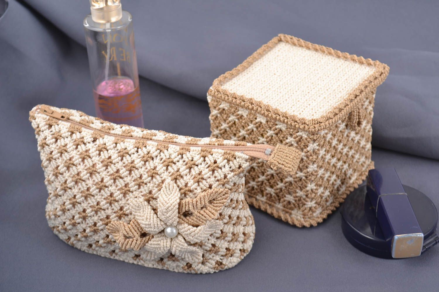 Handmade interior macrame jewelry box and cosmetic bag set of 2 pieces photo 1