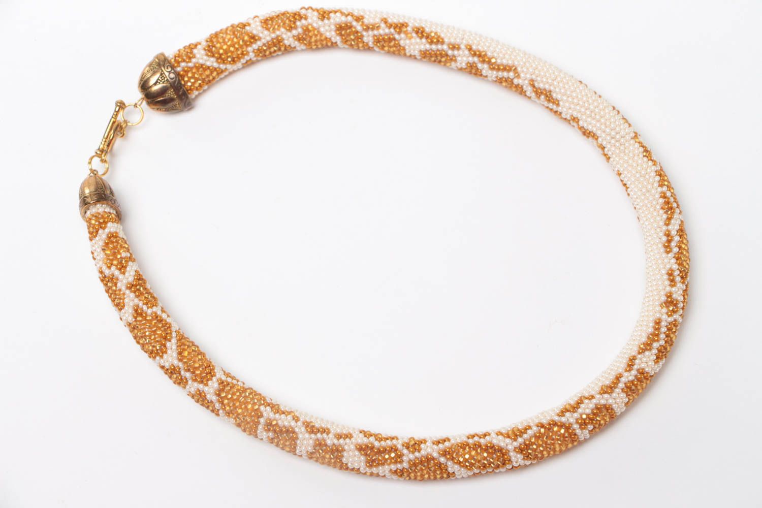 Handmade beaded cord necklace beautiful female white with gold python photo 2