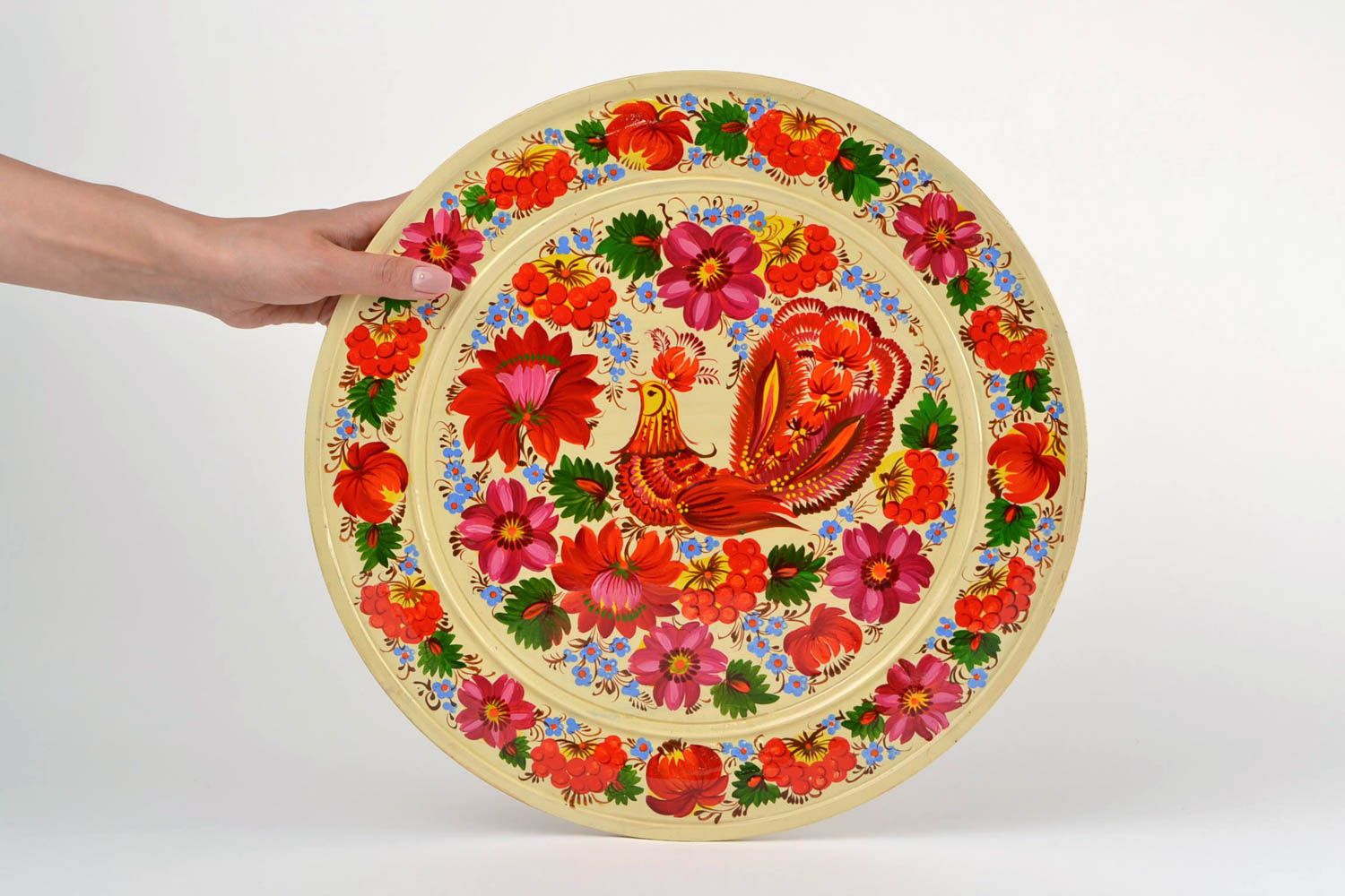 Яркая деревянная тарелка с Петриковской росписью для дома ручной работы фото 2