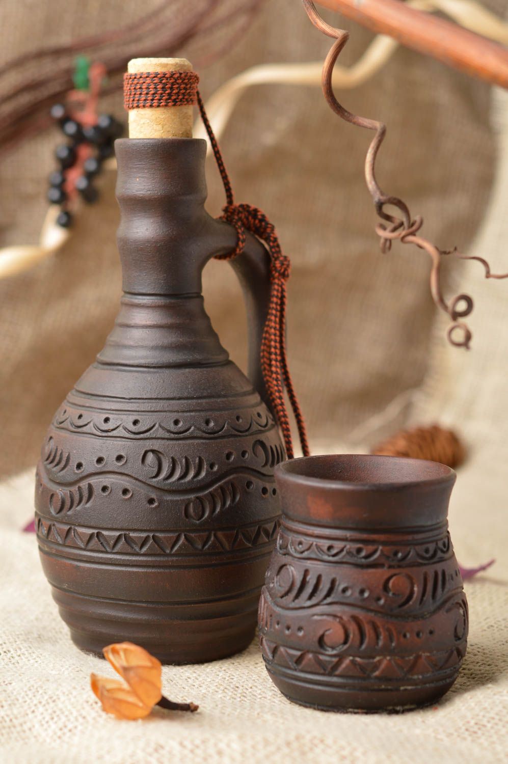 Beautiful brown handmade designer clay bottle and glass drinkware set 2 pieces photo 1
