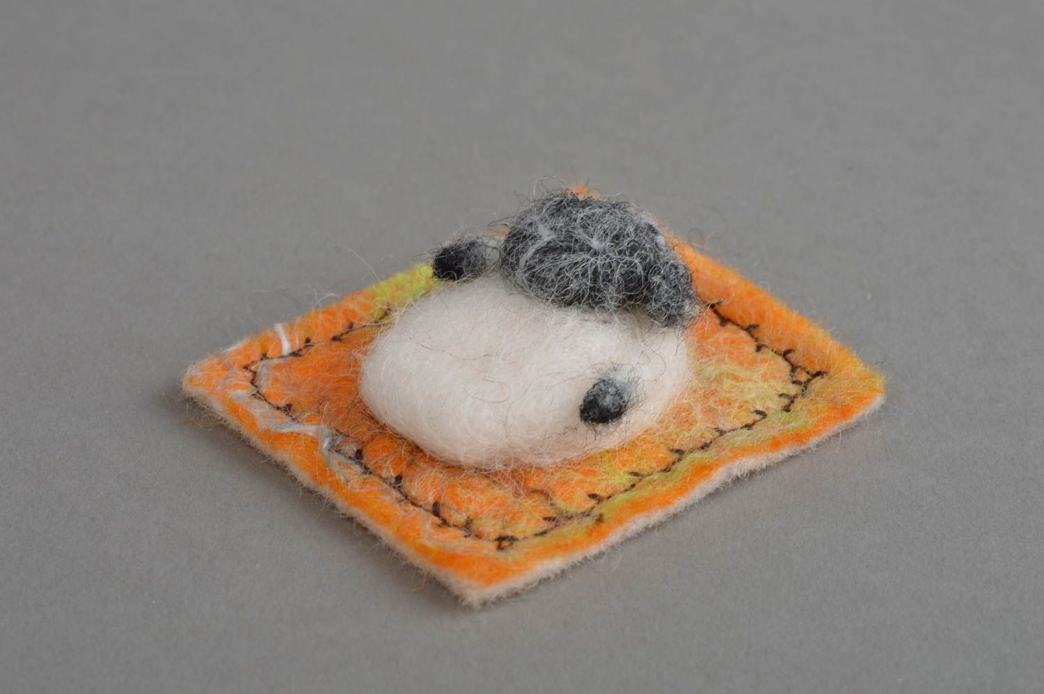 Handmade beautiful square fridge magnet made of wool in shape of sheep photo 2