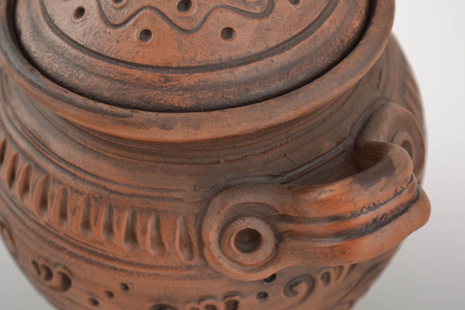 Small handmade designer ceramic pot for roasting molded of gray clay 300 ml photo 4