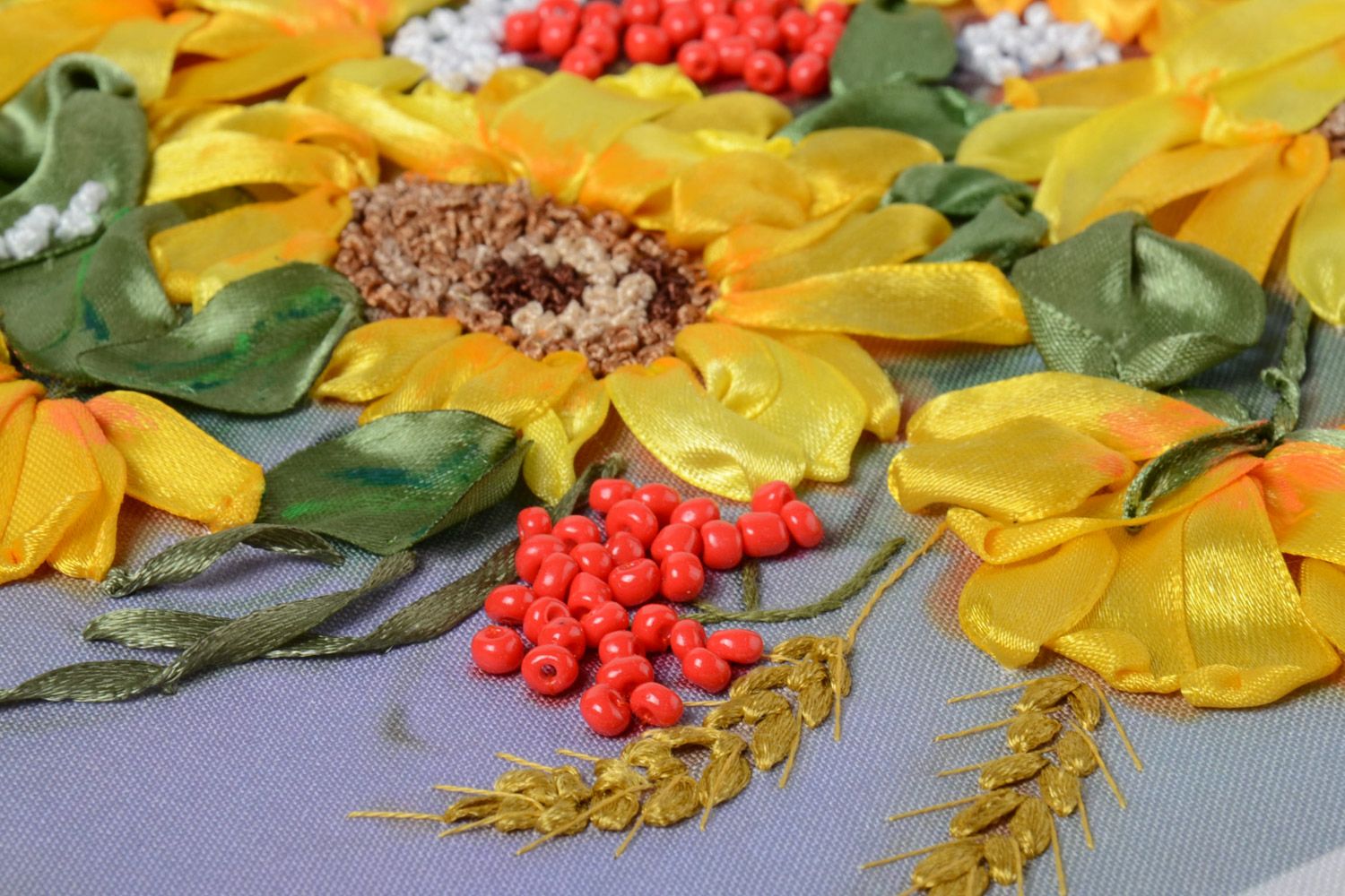 Unusual handmade satin ribbon embroidery Sunflowers photo 3