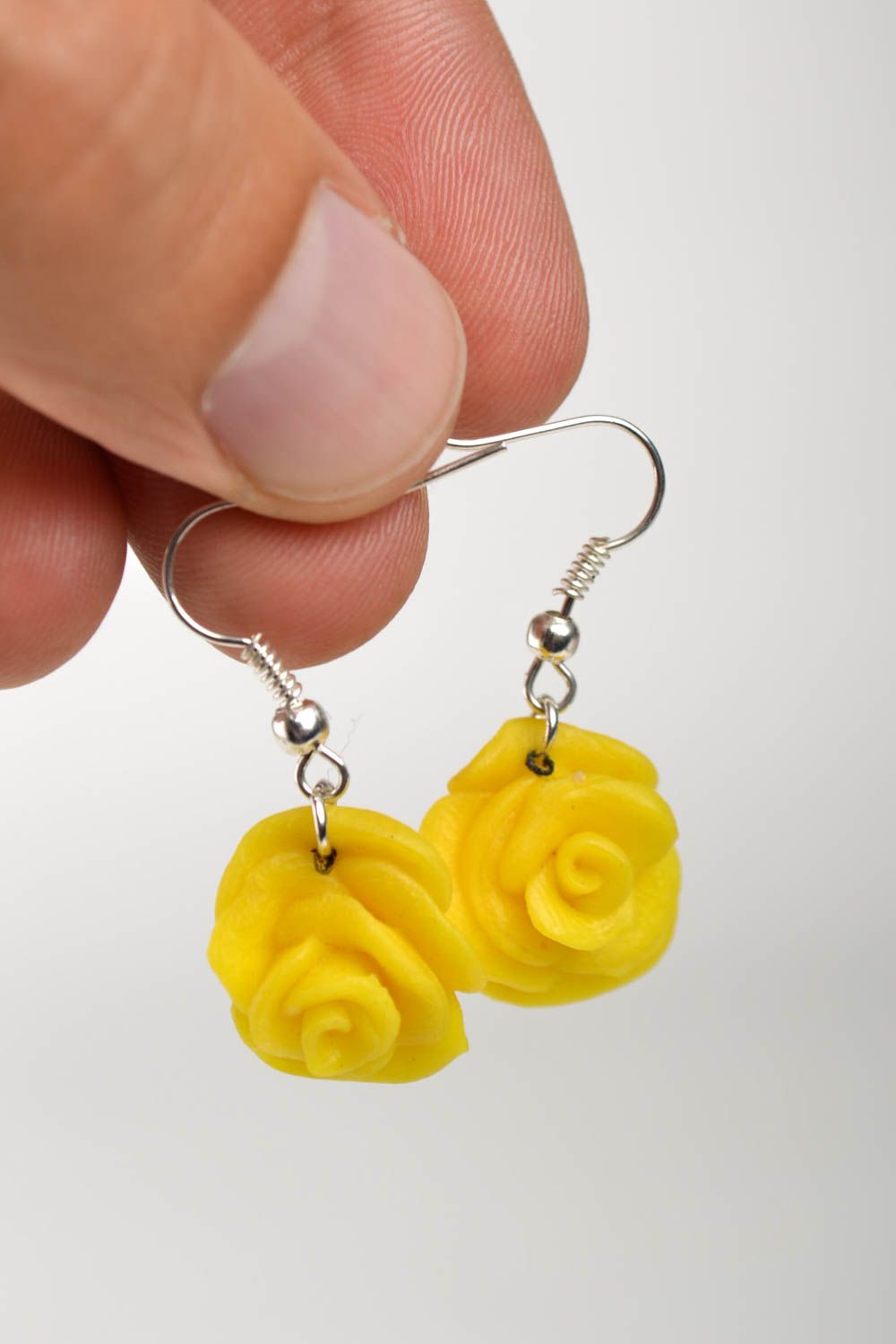 Handmade yellow earrings stylish flower earrings cute jewelry made of clay photo 5