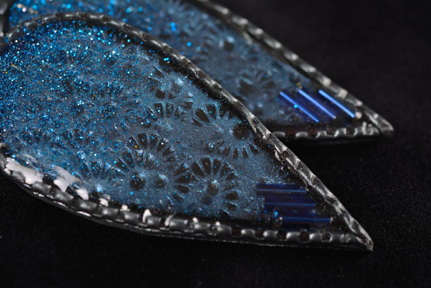 Handmade dark blue long dangle polymer clay earrings coated with epoxy resin photo 3