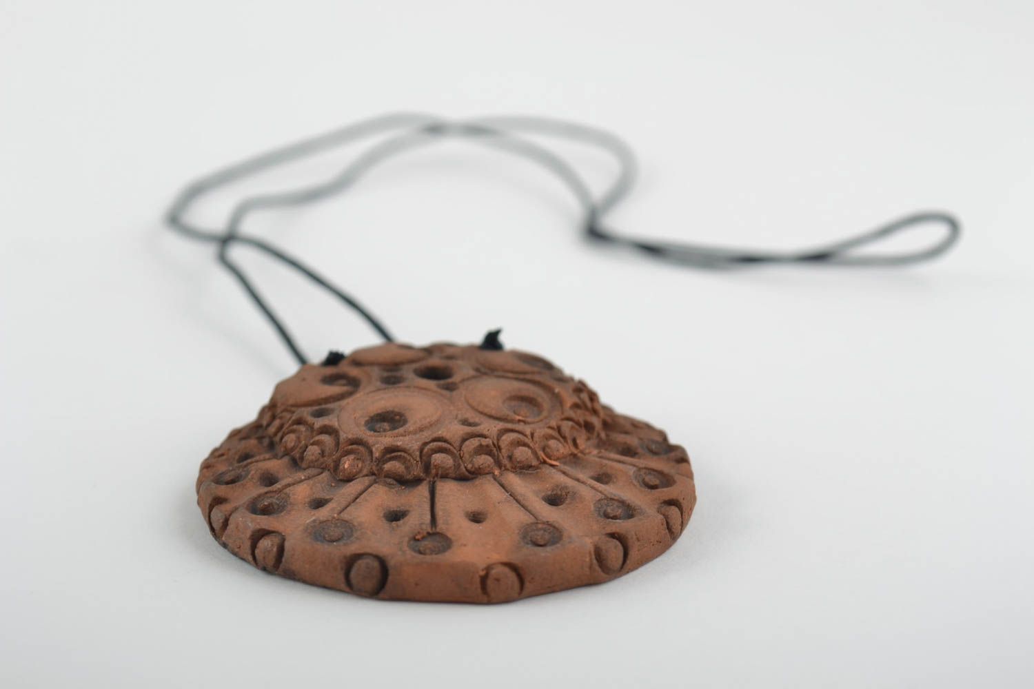 Clay handmade pendant in ethnic style accessory on lace 250 mm photo 4