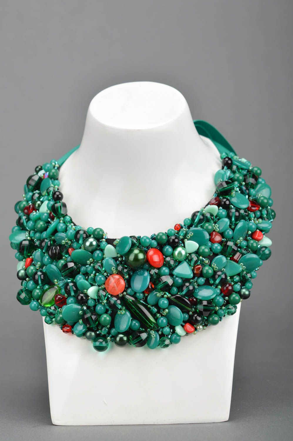Beautiful volume handmade necklace with beads and stones and satin ribbons photo 1