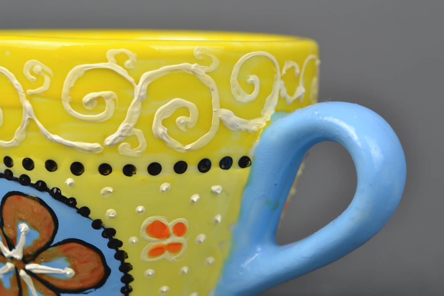 Small 2 oz yellow hand-painted coffee cup with blue handle and flower pattern photo 5