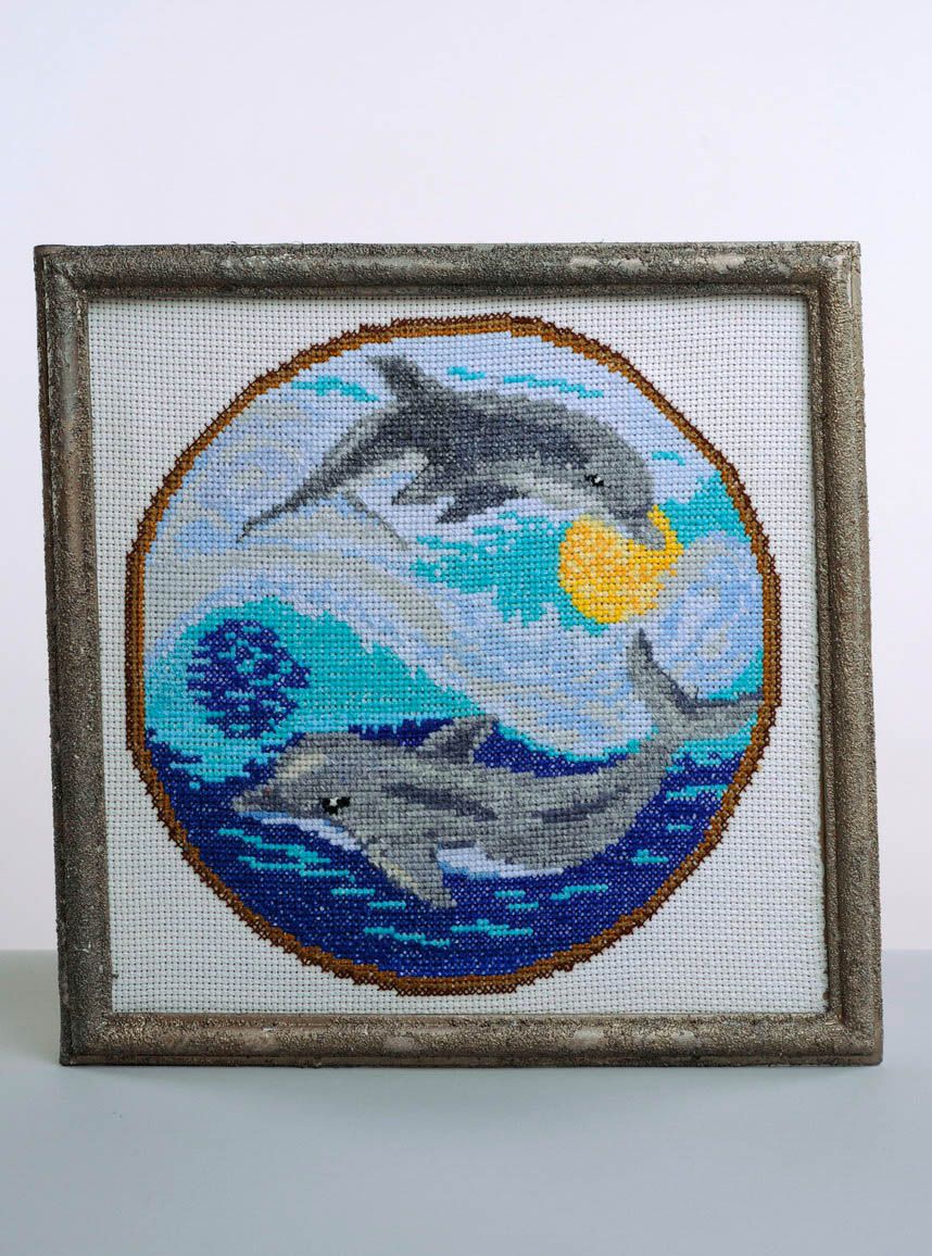 Quadro bordado com ponto cruz Os golfinhos yin-yang foto 1