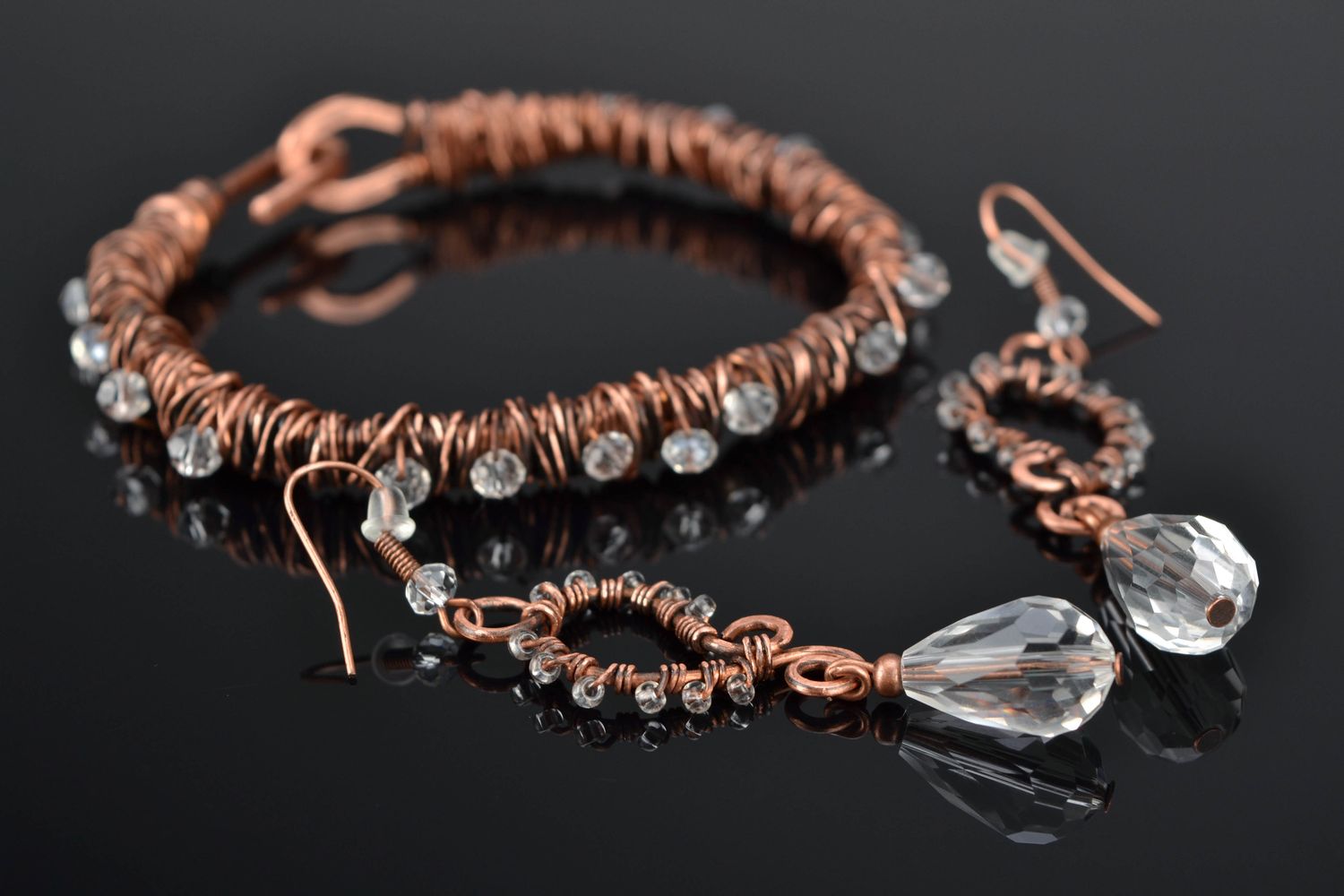 Wire wrap copper earrings and bracelet with crystal beads photo 1