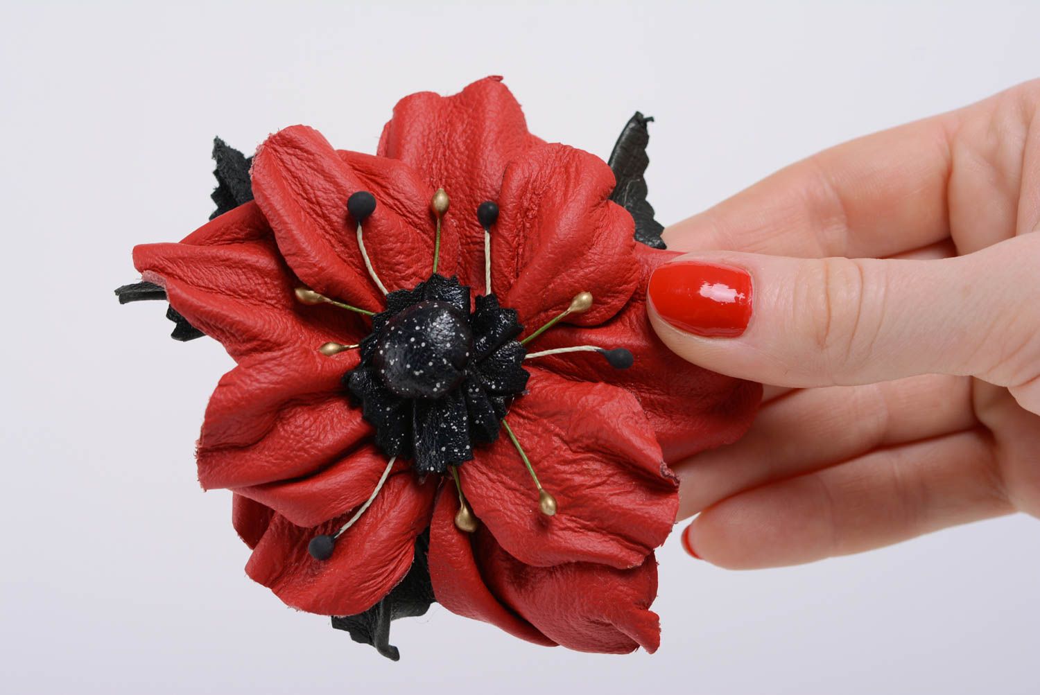 Handmade stylish volume leather flower brooch hair clip of red color photo 4