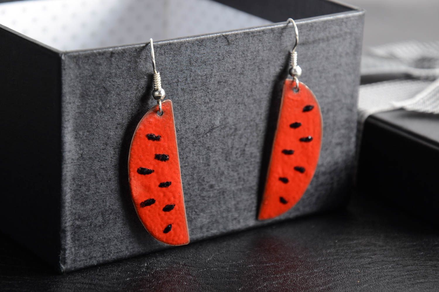 Copper earrings with hot enamel-painting red with black stylish accessory photo 1