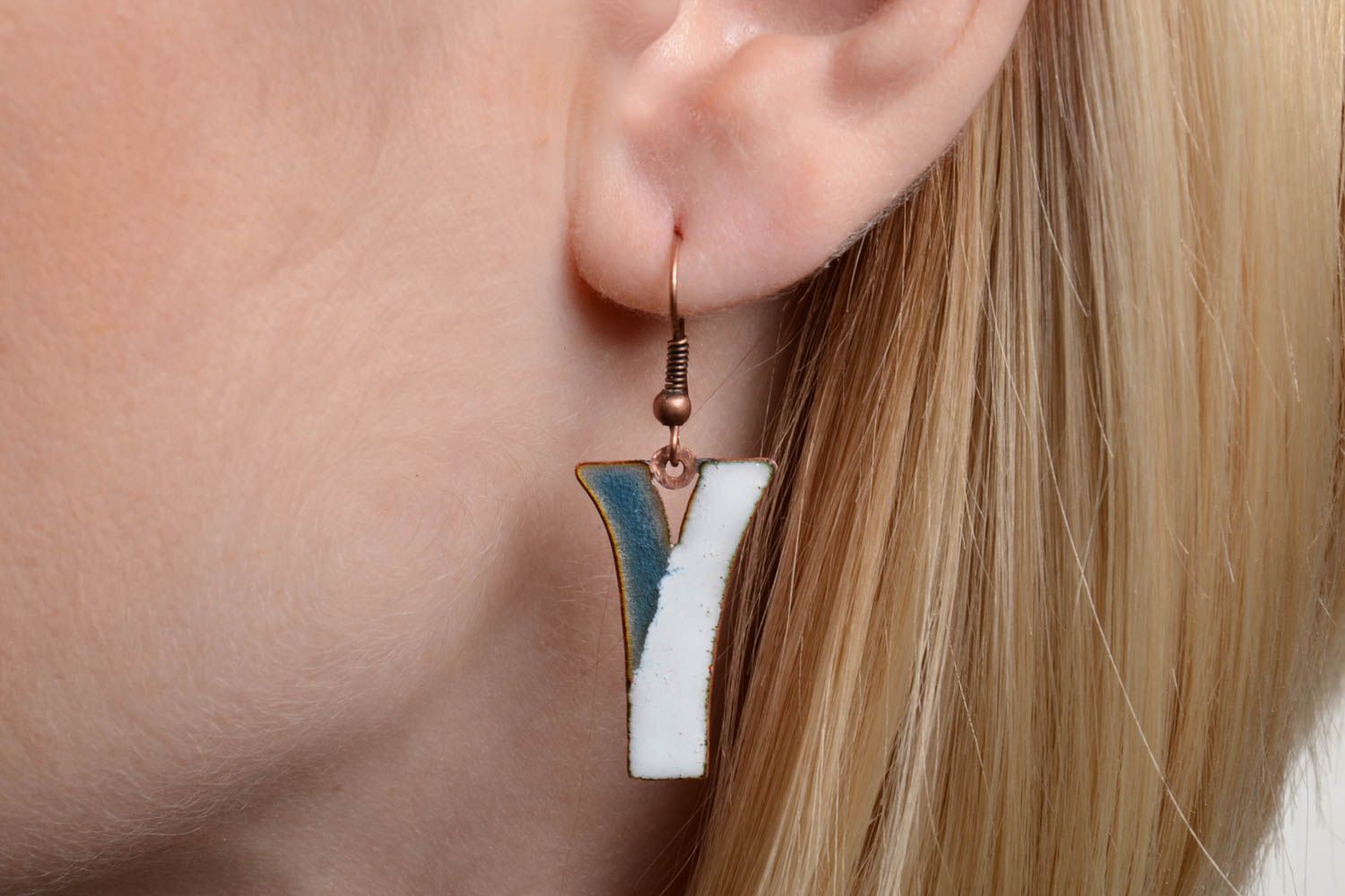 Handmade copper fancy earrings blue with white with hot enamel painting photo 5